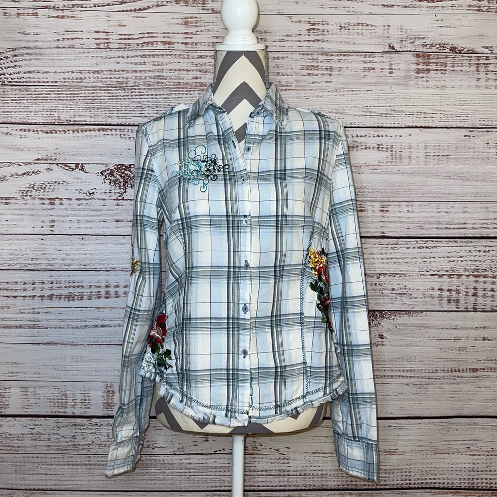 Women's Plaid Button Down Shirt with Floral Embroidery